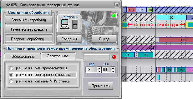 Рис. 1. Коррекция текущего расписания при отказе станка (MES «ФОБОС» Россия)