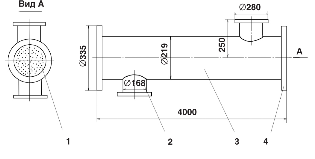 Рис. 6. Схема секции типа СП с трубной доской для размещения труб: 1 — трубная доска, 2 — патрубок, 3 — секция, 4 — фланец, количество трубок в секции — 61 шт.