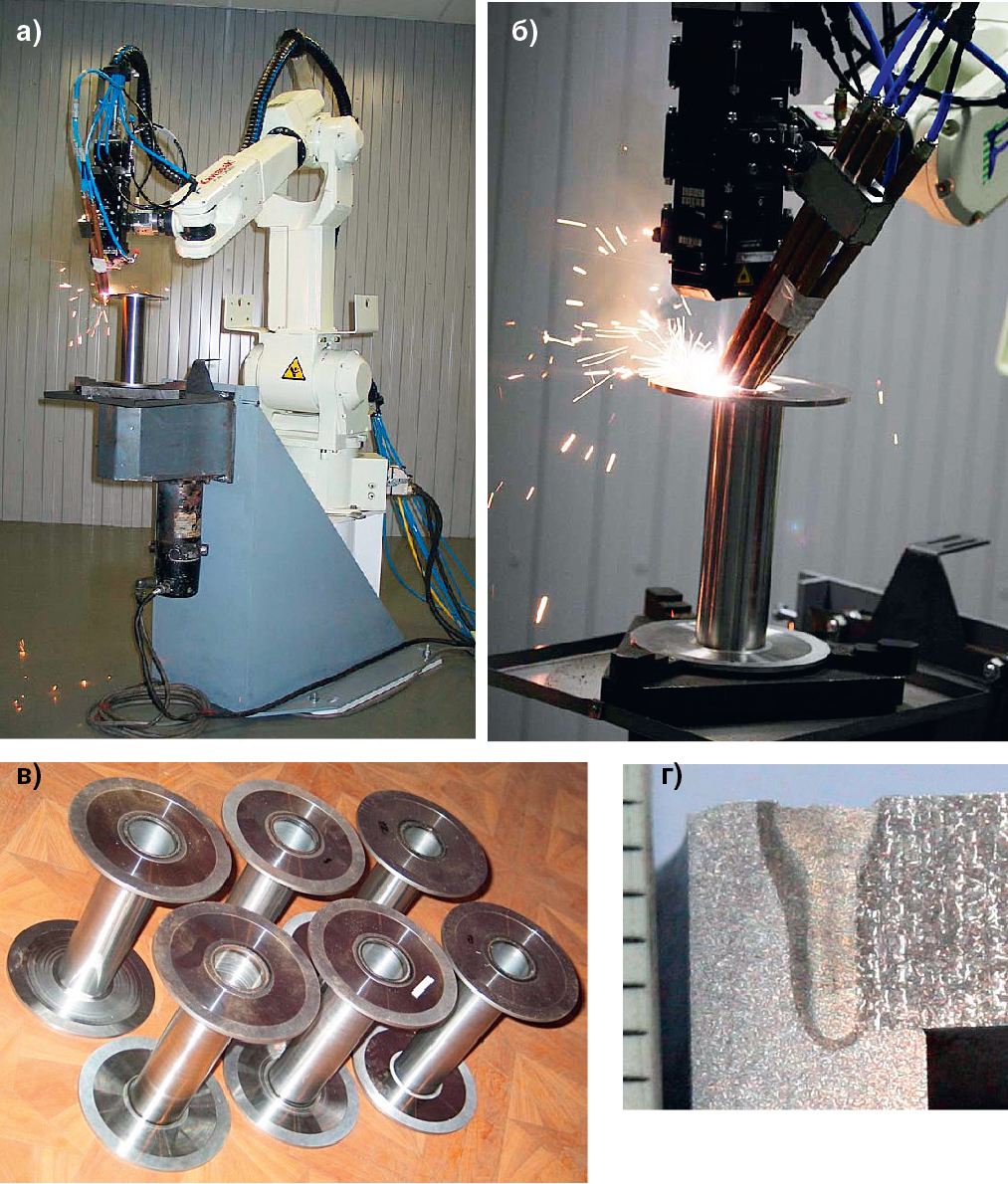 Рис. 14. Лазерная сварка (а, б) дисковых муфт (а–в) из стали 40ХН2МА в ЛРСЗЦ (СПб), поперечный шлиф (г) [19]. Фото: А. Игнатова