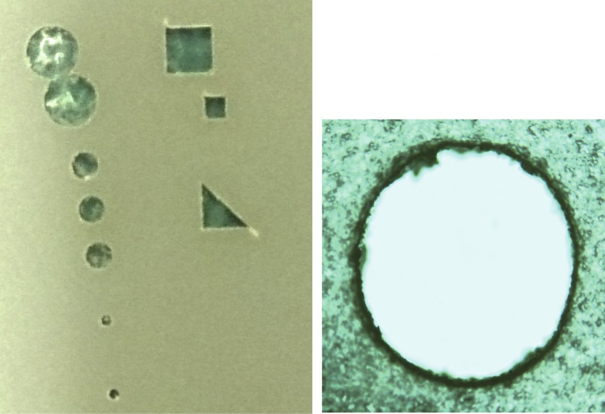 Рис. 1. Фото отверстий, прорезанных в поликоре толщиной 1 мм излучением лазера QCW