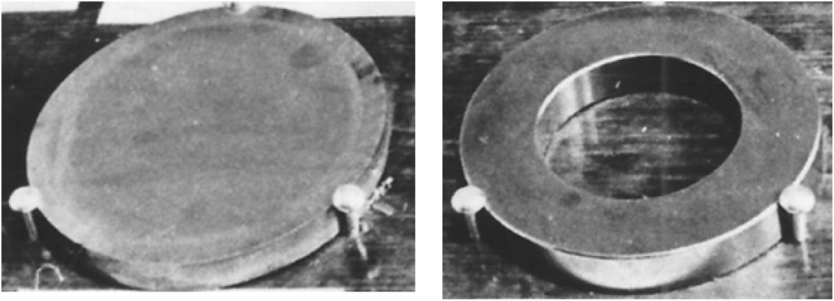 Рис. 5. Изделия, полученные методом СВС-барометермии для холодной прокатки медной проволоки: а) диск; б) валок