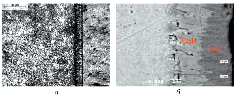 Рис. 19. Микроструктура (а) и тонкая структур и 25Х1МФ после борирования при 620°C в течение 10 ч