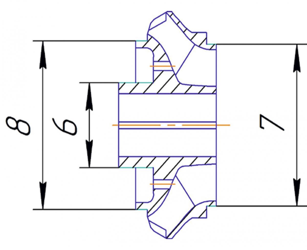 Рис. 5. Ступень ЭЦН в разрезе (а) и контролируемые размеры направляющего аппарата (б) и рабочего колеса (в)