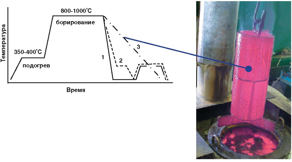 Рис. 4. Технологическая схема жидкостного борирования с последующей термообработкой: закалка (1), закалка с изотермической выдержкой (2), охлаждение на воздухе (3).
