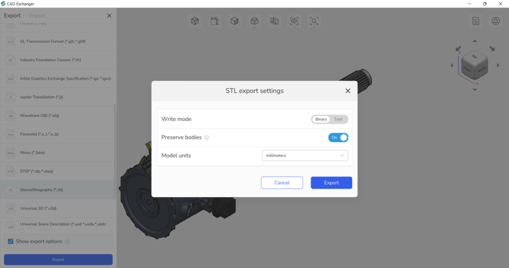 1-4 Новый интерфейс - Настройки экспорта в новом интерфейсе CAD Exchanger.png