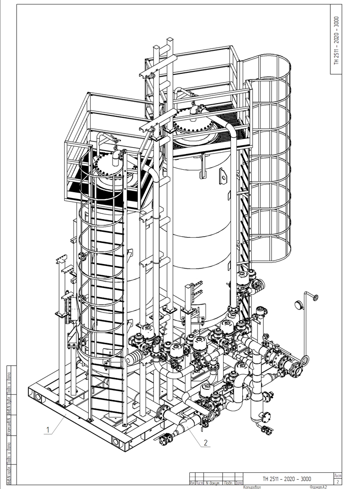  Рис.4. - Трубопроводная обвязка колонн с лестницами и площадками обслуживания. Показана изометрическая проекция для большей наглядности и понимания конструкции аппарата. 