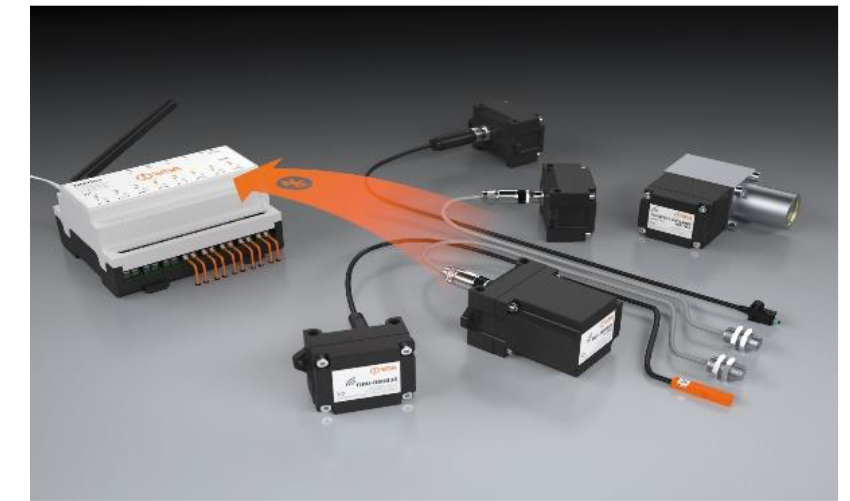 Wireless technology for clamping systems. The gateway (right) plays a major role. It receives wireless signals from sensors and microswitches. It monitors and visualizes them before forwarding them to the machine controller or tablets. Photo: AMF