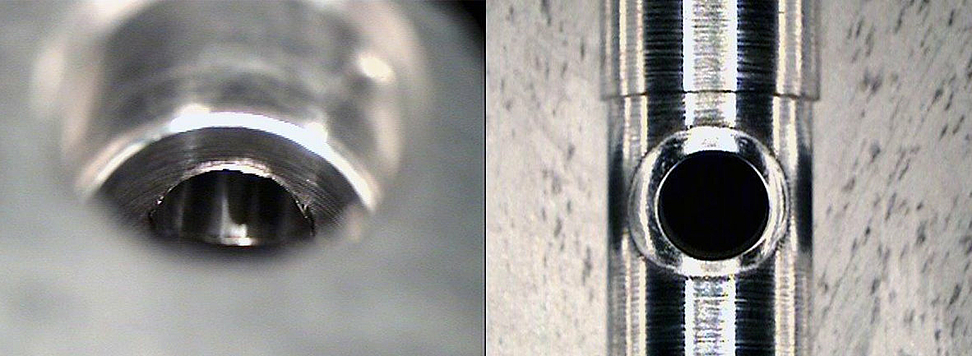 Сравнение «до» и «после»: на кромке отверстия после электрохимической обработки не осталось никаких заусенцев (справа).