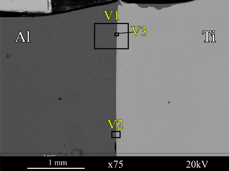 Растровая электронная микроскопия и EDX анализ структуры соединения, полученного со смещением луча на 1 мм.